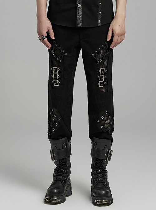 Irregular Black Micro Elastic Twill Splicing Mesh Fabric Eyelet Rope Decoration Punk Style Hollow Splicing Trousers