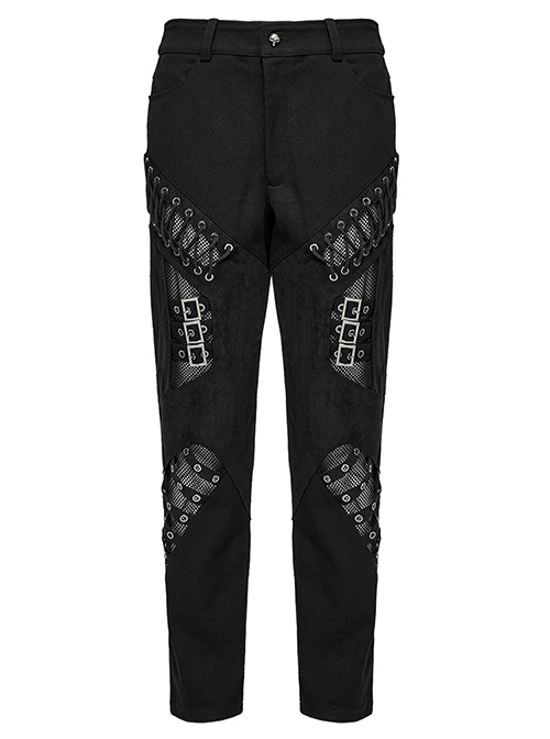 Irregular Black Micro Elastic Twill Splicing Mesh Fabric Eyelet Rope Decoration Punk Style Hollow Splicing Trousers