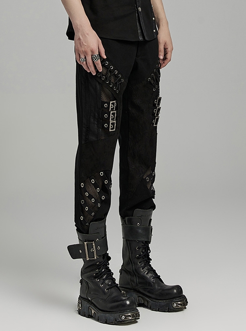 Irregular Black Micro Elastic Twill Splicing Mesh Fabric Eyelet Rope Decoration Punk Style Hollow Splicing Trousers