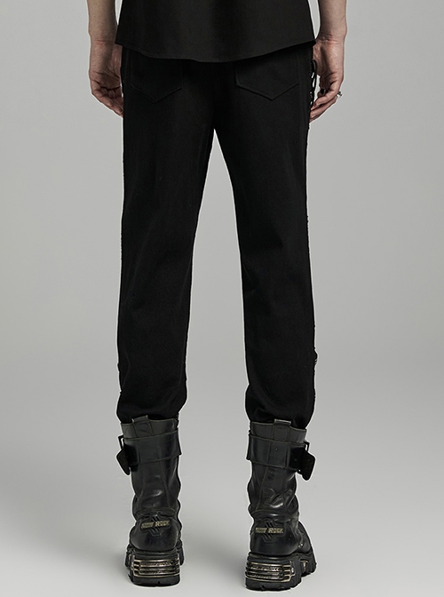 Irregular Black Micro Elastic Twill Splicing Mesh Fabric Eyelet Rope Decoration Punk Style Hollow Splicing Trousers