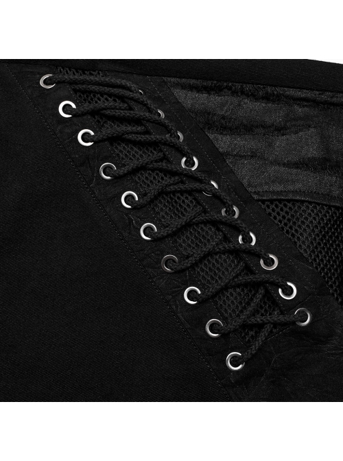 Irregular Black Micro Elastic Twill Splicing Mesh Fabric Eyelet Rope Decoration Punk Style Hollow Splicing Trousers