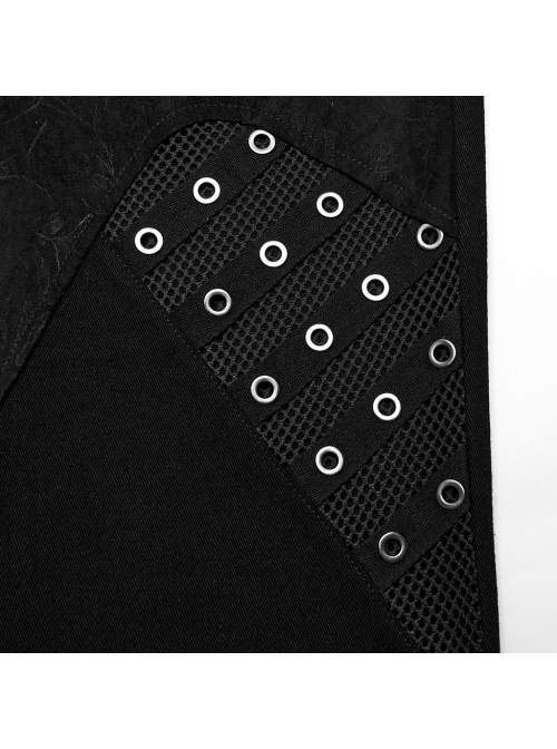 Irregular Black Micro Elastic Twill Splicing Mesh Fabric Eyelet Rope Decoration Punk Style Hollow Splicing Trousers
