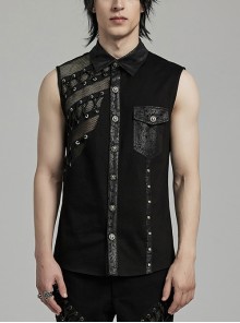 Asymmetrical Black Micro Elastic Twill Spliced Split Mesh Side Eyelet Studs String Punk Style Sleeveless Shirt