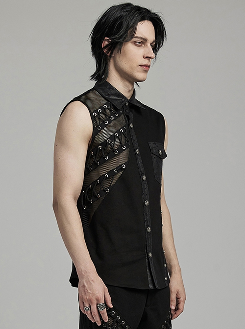 Asymmetrical Black Micro Elastic Twill Spliced Split Mesh Side Eyelet Studs String Punk Style Sleeveless Shirt
