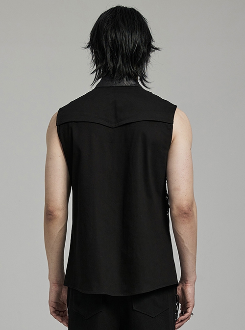 Asymmetrical Black Micro Elastic Twill Spliced Split Mesh Side Eyelet Studs String Punk Style Sleeveless Shirt