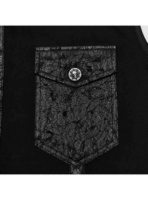 Asymmetrical Black Micro Elastic Twill Spliced Split Mesh Side Eyelet Studs String Punk Style Sleeveless Shirt
