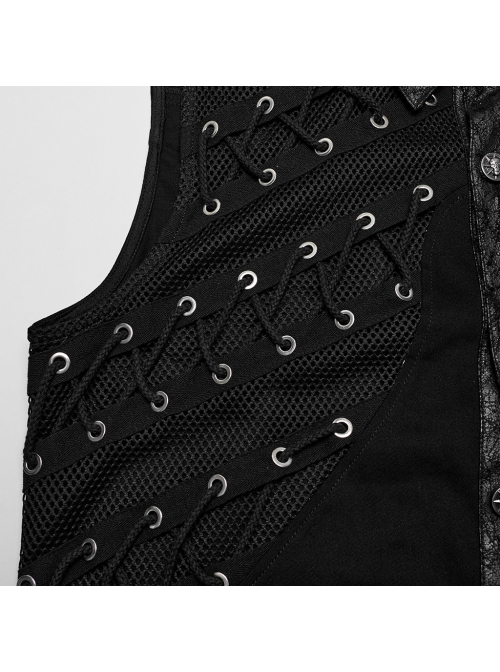 Asymmetrical Black Micro Elastic Twill Spliced Split Mesh Side Eyelet Studs String Punk Style Sleeveless Shirt