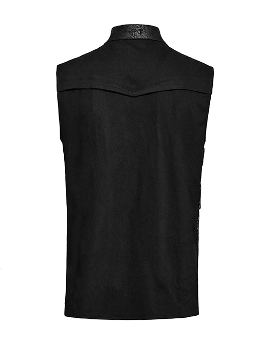 Asymmetrical Black Micro Elastic Twill Spliced Split Mesh Side Eyelet Studs String Punk Style Sleeveless Shirt