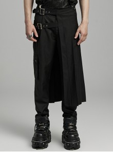 Black Woven Asymmetric Pleated Side Metal Zipper Embellished Punk Style Versatile Skirt