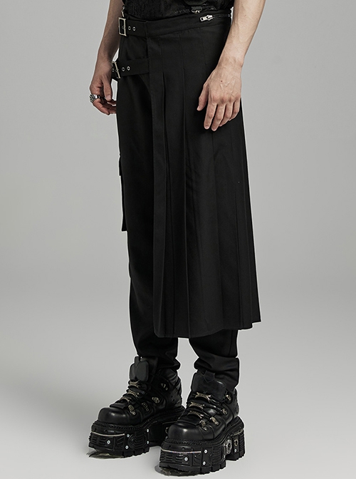 Black Woven Asymmetric Pleated Side Metal Zipper Embellished Punk Style Versatile Skirt
