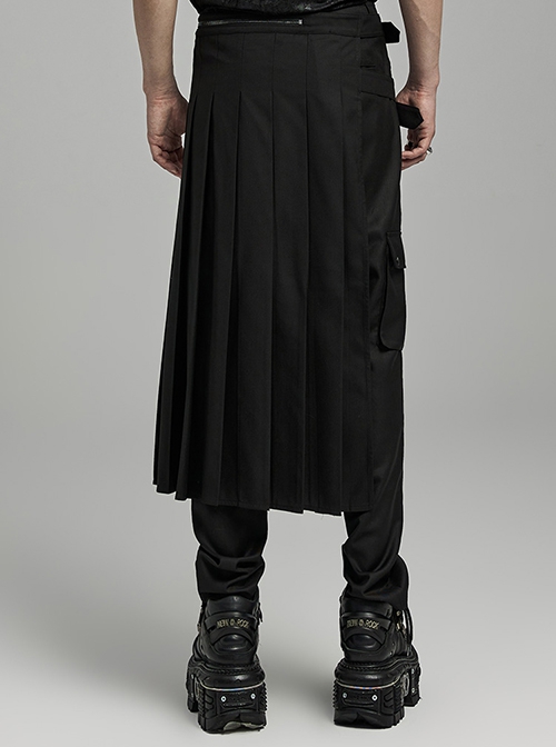 Black Woven Asymmetric Pleated Side Metal Zipper Embellished Punk Style Versatile Skirt