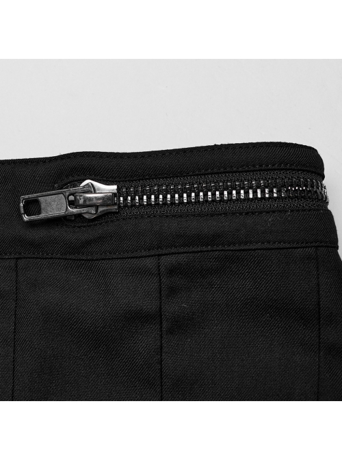 Black Woven Asymmetric Pleated Side Metal Zipper Embellished Punk Style Versatile Skirt