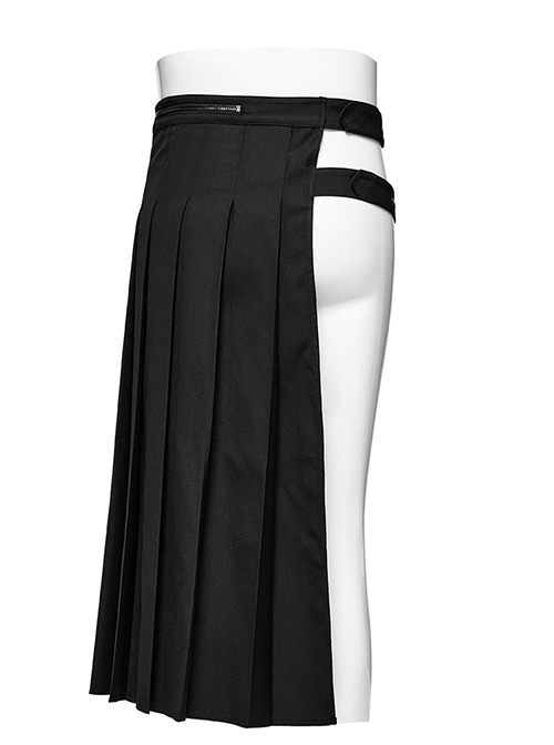 Black Woven Asymmetric Pleated Side Metal Zipper Embellished Punk Style Versatile Skirt