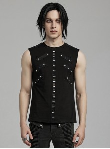 Daily Black Stretch Knit Front Center Stud Splicing Webbing Decoration Punk Style Men's Vest