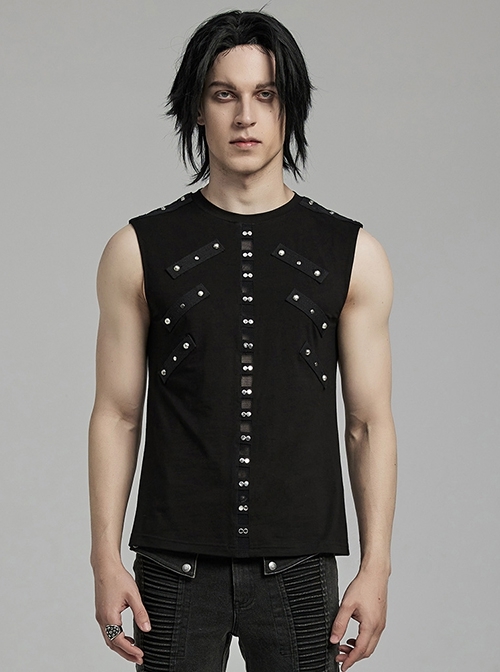 Daily Black Stretch Knit Front Center Stud Splicing Webbing Decoration Punk Style Men's Vest