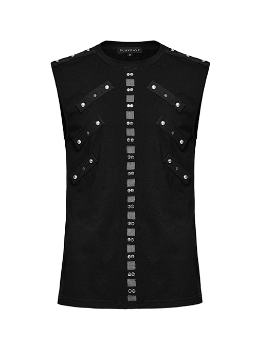 Daily Black Stretch Knit Front Center Stud Splicing Webbing Decoration Punk Style Men's Vest
