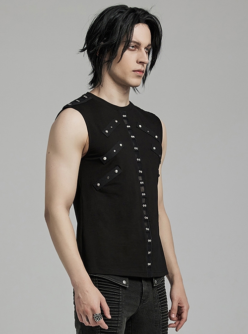 Daily Black Stretch Knit Front Center Stud Splicing Webbing Decoration Punk Style Men's Vest