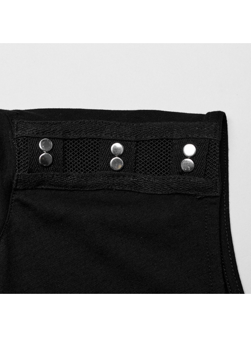 Daily Black Stretch Knit Front Center Stud Splicing Webbing Decoration Punk Style Men's Vest