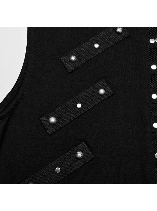 Daily Black Stretch Knit Front Center Stud Splicing Webbing Decoration Punk Style Men's Vest