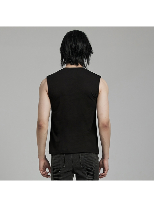 Daily Black Stretch Knit Front Center Stud Splicing Webbing Decoration Punk Style Men's Vest