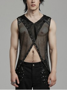 Handsome Black Mesh Sexy Hollow Punk Style Hooded See Through Vest