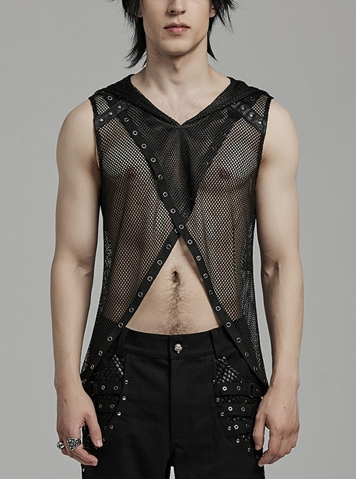 Handsome Black Mesh Sexy Hollow Punk Style Hooded See Through Vest