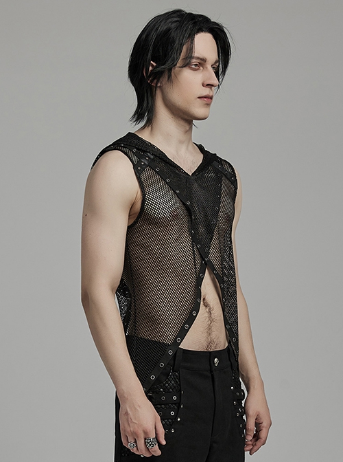 Handsome Black Mesh Sexy Hollow Punk Style Hooded See Through Vest