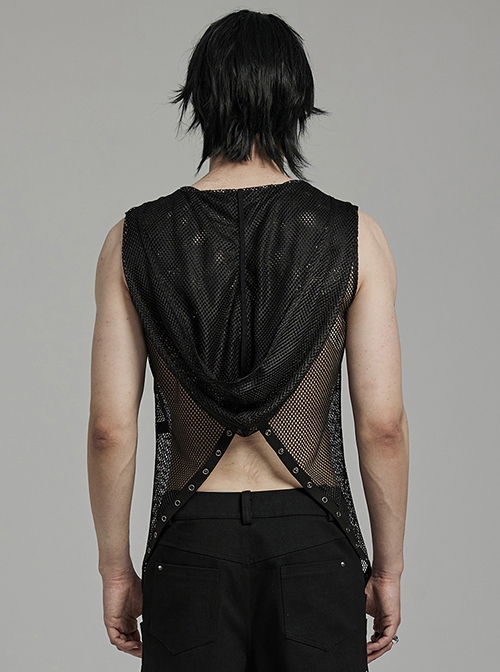 Handsome Black Mesh Sexy Hollow Punk Style Hooded See Through Vest
