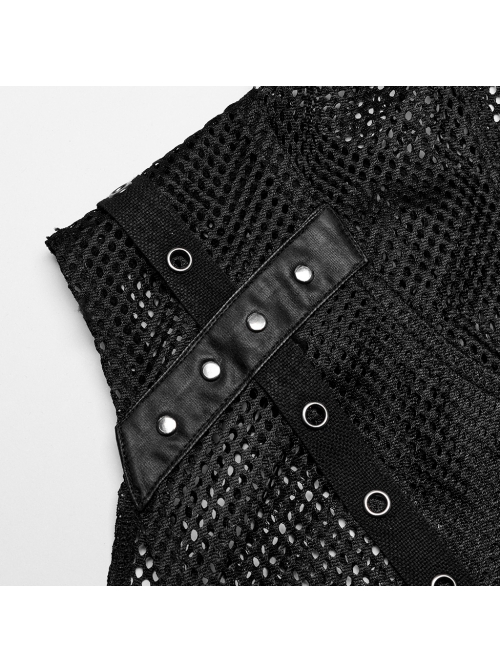 Handsome Black Mesh Sexy Hollow Punk Style Hooded See Through Vest