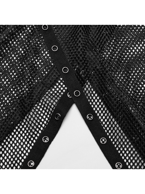 Handsome Black Mesh Sexy Hollow Punk Style Hooded See Through Vest