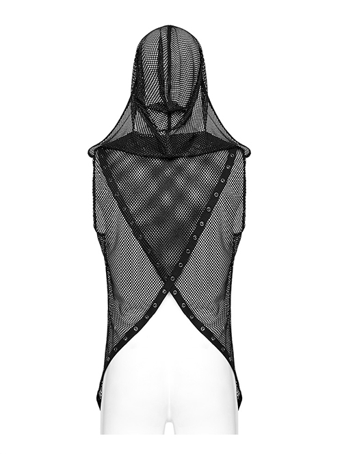 Handsome Black Mesh Sexy Hollow Punk Style Hooded See Through Vest