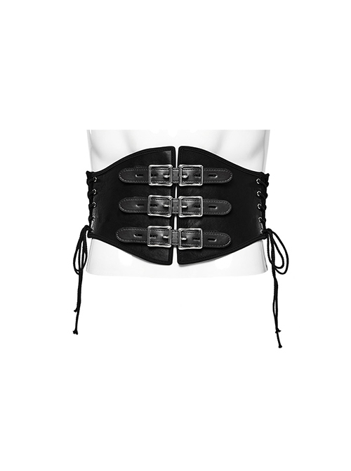 Adjustable Black Pu Leather Front Curved Side Cord Punk Style Men's Girdle