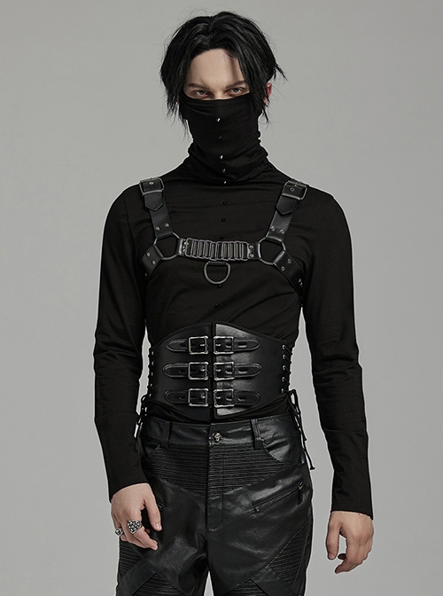 Adjustable Black Pu Leather Front Curved Side Cord Punk Style Men's Girdle