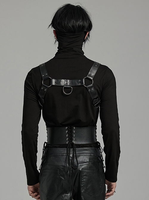 Adjustable Black Pu Leather Front Curved Side Cord Punk Style Men's Girdle