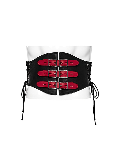 Adjustable Black And Red PU Leather Front Curved Side Cord Punk Style Men's Girdle