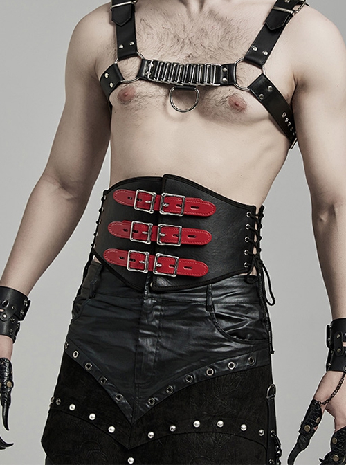 Adjustable Black And Red PU Leather Front Curved Side Cord Punk Style Men's Girdle