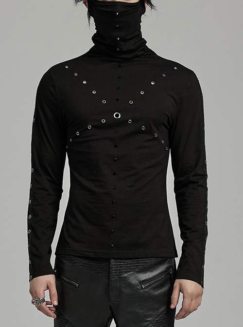 Black High Neck Stretch Knit Jumpsuit With Earrings And Eyelet Studs In The Front Embellished With Punk Style Men's Long Sleeved T-Shirt