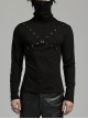 Black High Neck Stretch Knit Jumpsuit With Earrings And Eyelet Studs In The Front Embellished With Punk Style Men's Long Sleeved T-Shirt