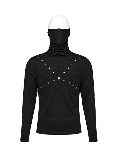 Black High Neck Stretch Knit Jumpsuit With Earrings And Eyelet Studs In The Front Embellished With Punk Style Men's Long Sleeved T-Shirt