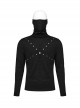 Black High Neck Stretch Knit Jumpsuit With Earrings And Eyelet Studs In The Front Embellished With Punk Style Men's Long Sleeved T-Shirt