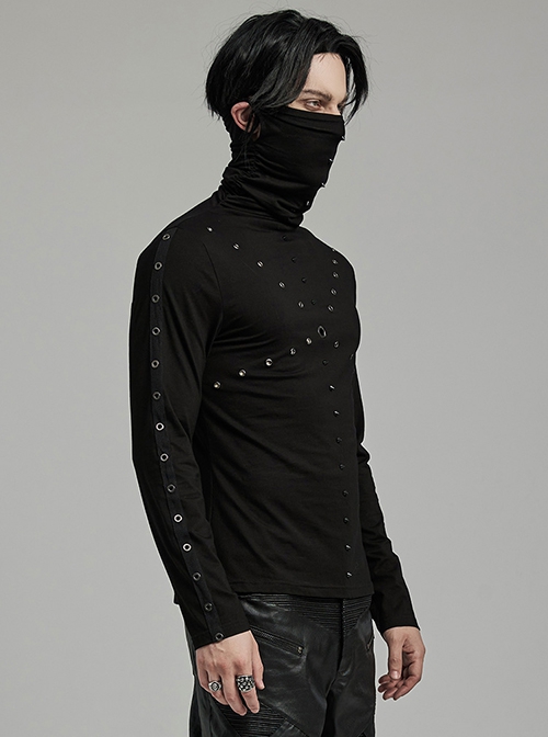 Black High Neck Stretch Knit Jumpsuit With Earrings And Eyelet Studs In The Front Embellished With Punk Style Men's Long Sleeved T-Shirt