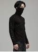 Black High Neck Stretch Knit Jumpsuit With Earrings And Eyelet Studs In The Front Embellished With Punk Style Men's Long Sleeved T-Shirt