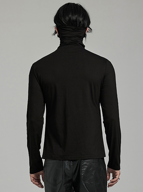 Black High Neck Stretch Knit Jumpsuit With Earrings And Eyelet Studs In The Front Embellished With Punk Style Men's Long Sleeved T-Shirt
