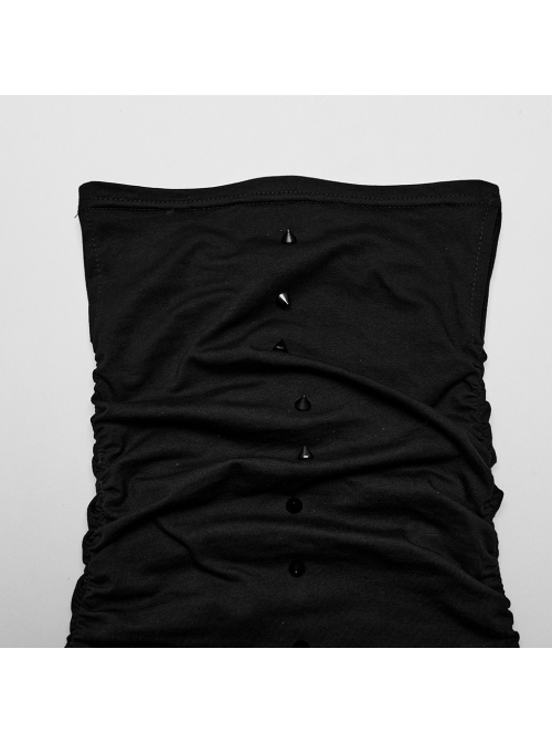 Black High Neck Stretch Knit Jumpsuit With Earrings And Eyelet Studs In The Front Embellished With Punk Style Men's Long Sleeved T-Shirt