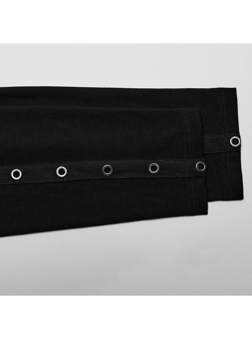 Black High Neck Stretch Knit Jumpsuit With Earrings And Eyelet Studs In The Front Embellished With Punk Style Men's Long Sleeved T-Shirt