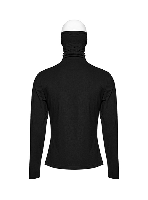 Black High Neck Stretch Knit Jumpsuit With Earrings And Eyelet Studs In The Front Embellished With Punk Style Men's Long Sleeved T-Shirt