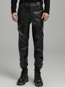 Personalized Black Elastic Taped Three Dimensional Punk Style Casual Trousers