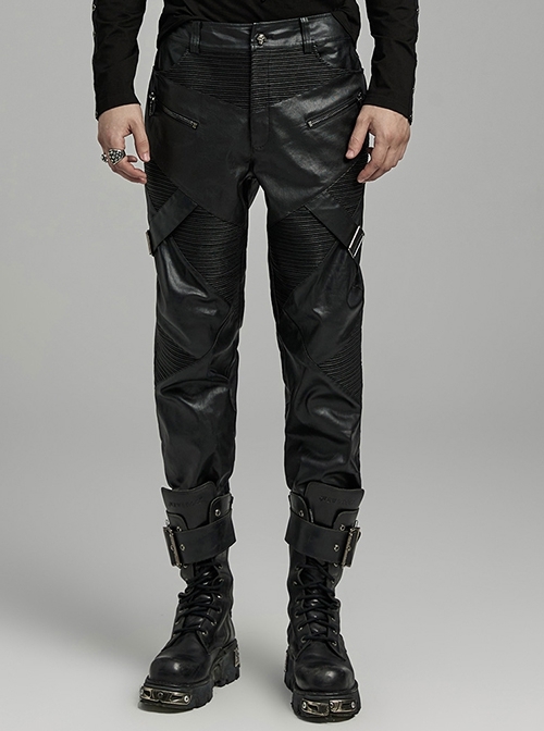 Personalized Black Elastic Taped Three Dimensional Punk Style Casual Trousers