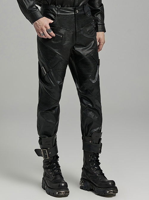 Personalized Black Elastic Taped Three Dimensional Punk Style Casual Trousers