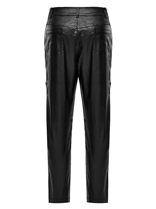 Personalized Black Elastic Taped Three Dimensional Punk Style Casual Trousers
